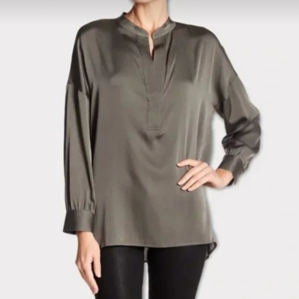 Vince Band Collar Silk Blouse Size XS in Olive